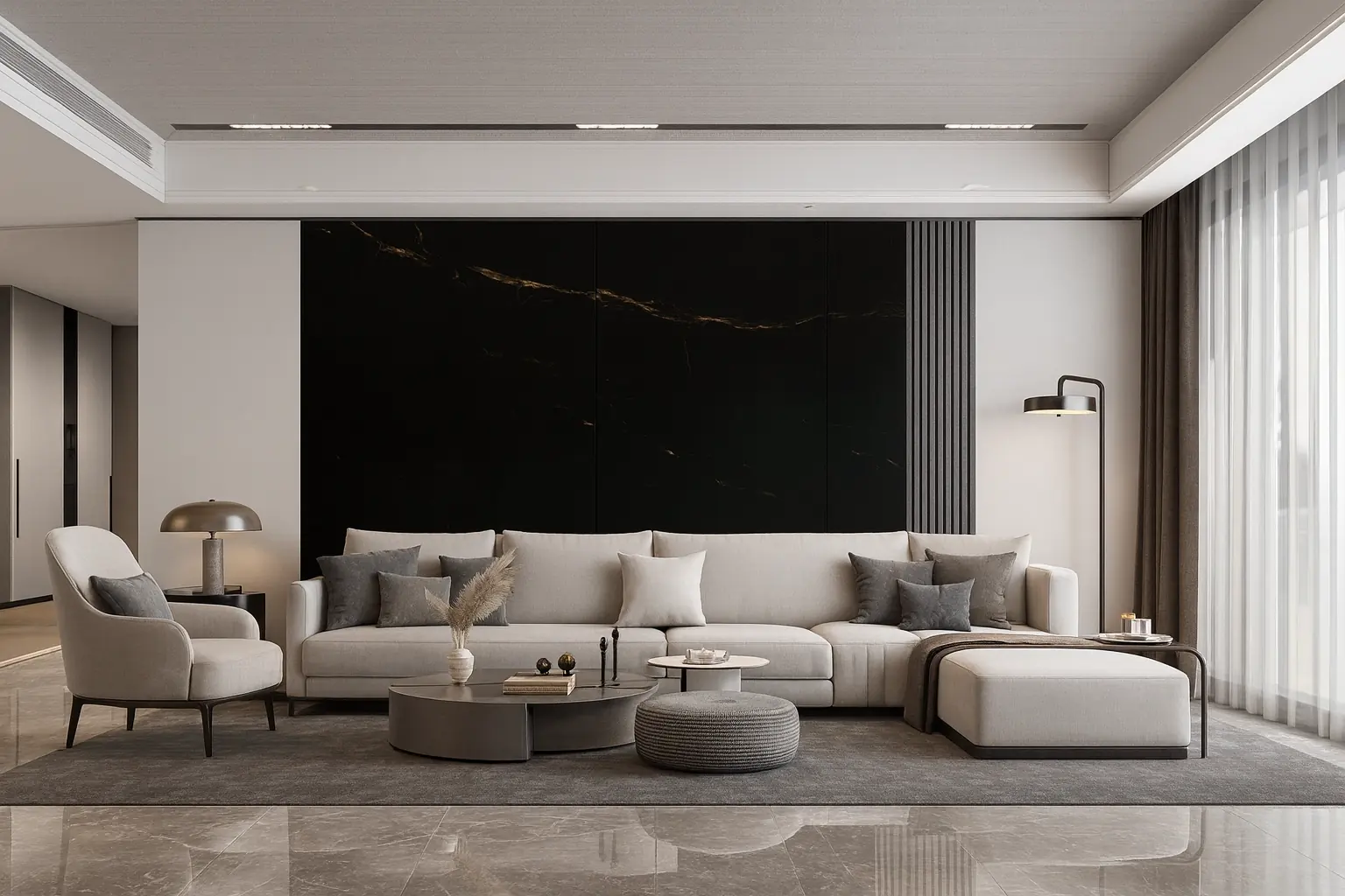 Salon contemporain avec mur habillé d’un panneau SPC effet marbre noir veiné